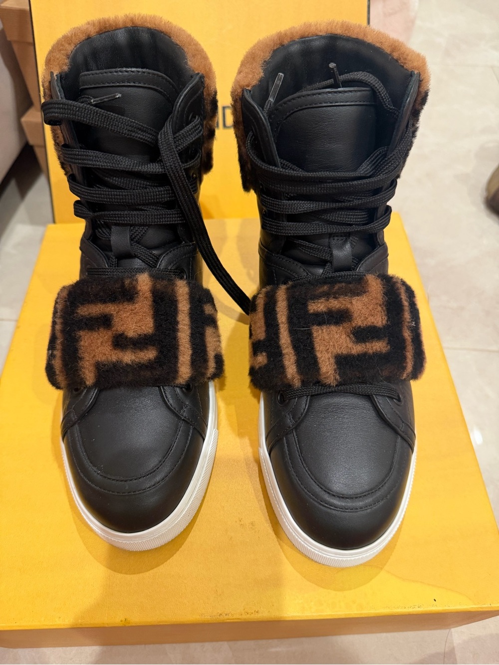 Fendi Black and Brown Shearling-Trim High-Top Sneakers